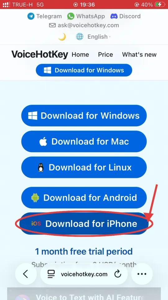 Головна сторінка voicehotkey.com з кнопкою Download for iPhone