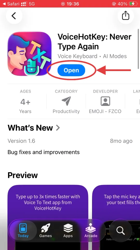 Кнопка Open в App Store після встановлення