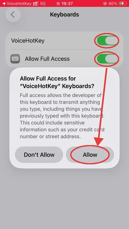 Діалог попередження iOS Allow Full Access
