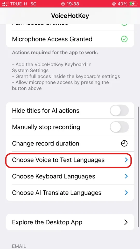 Опції налаштувань VoiceHotKey