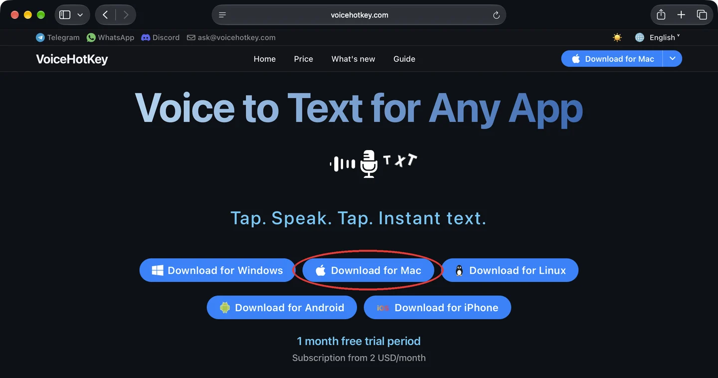 Головна сторінка voicehotkey.com з кнопкою Download for Mac