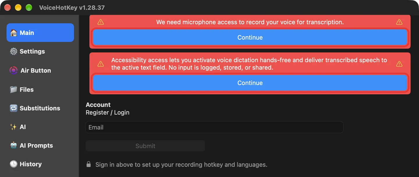 Головне вікно VoiceHotKey зі сповіщеннями про мікрофон і доступність