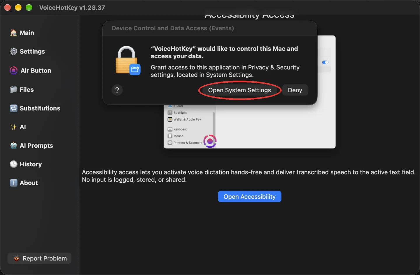 Запит macOS на доступність з кнопкою Open System Settings