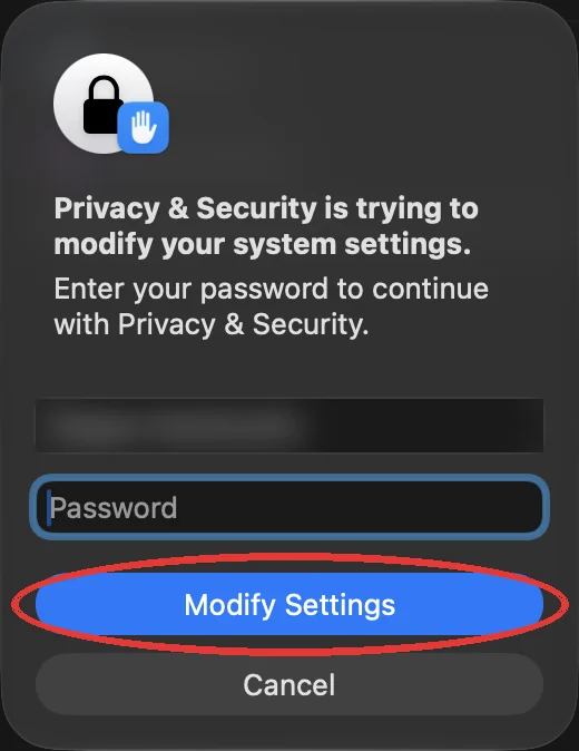 Запит пароля macOS з кнопкою Modify Settings