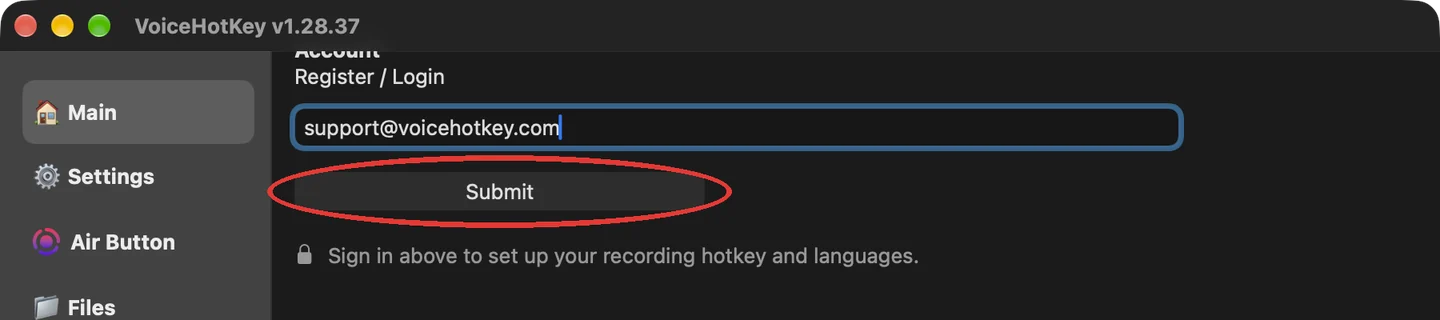 Поле адреси пошти у VoiceHotKey і кнопка Submit
