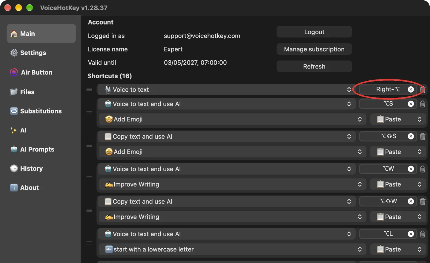 VoiceHotKey після входу: Voice to text призначено на правий Option