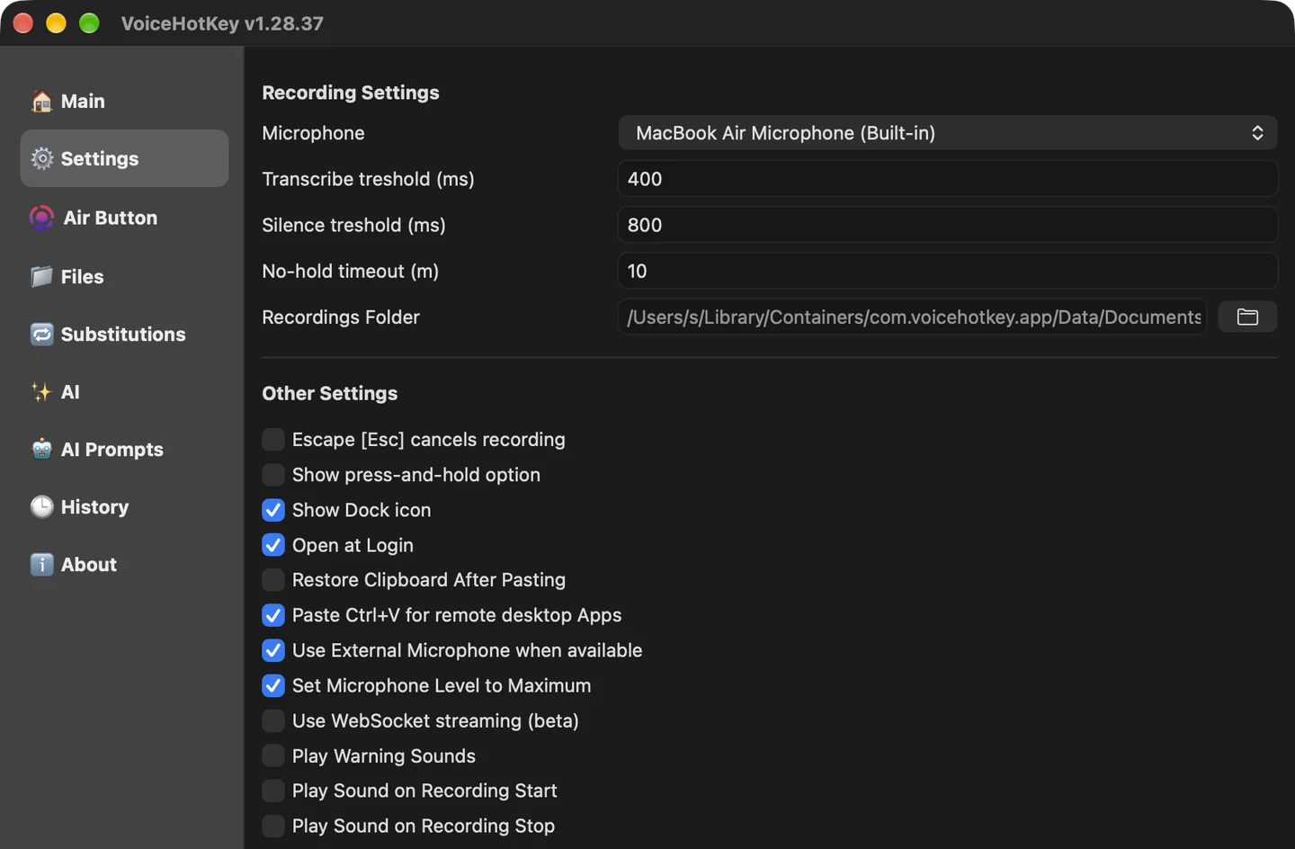 Вкладка Settings у VoiceHotKey