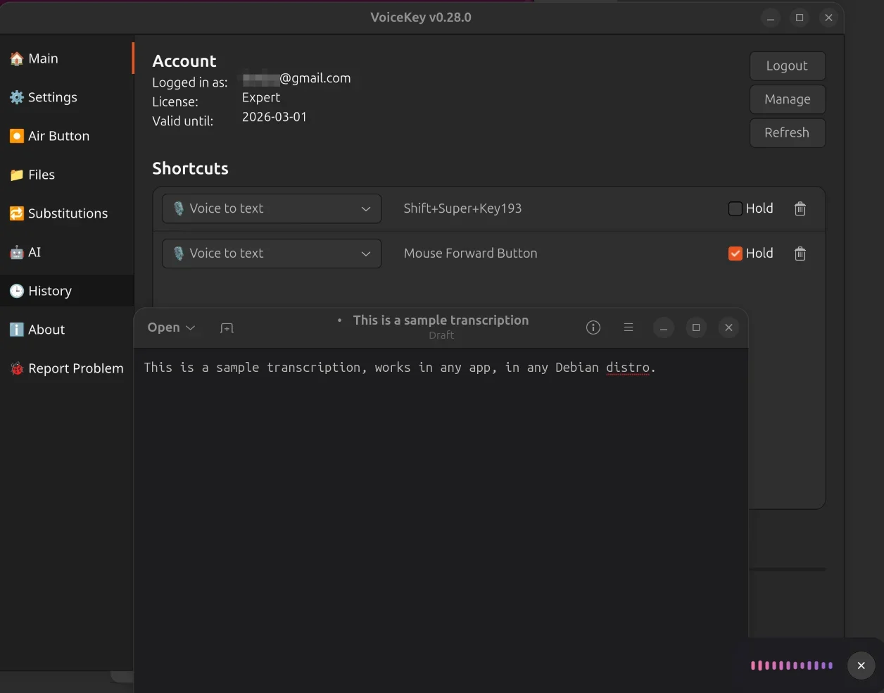 Застосунок голосового введення VoiceKey працює на Ubuntu Linux з гарячими клавішами та живою транскрипцією